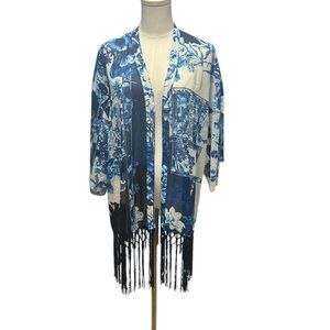 Chicos Travelers Shirt Blue Duster Fringe Patchwork 3/4 Sleeves Kimono Sz S/M